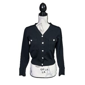 Black Heart-Button V-Neck Cardigan Sweater